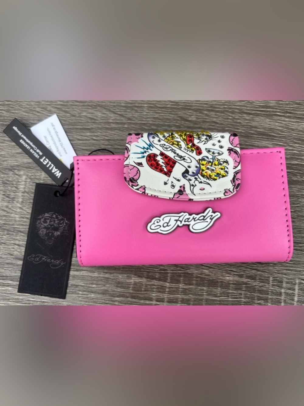Ed Hardy Kids Bright Pink Wallet with White Tattoo-Flap